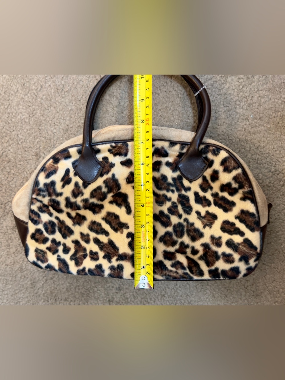 Leopard Print Faux Fur Small Satchel Handbag - Brown & Cream - Picture 4 of 6